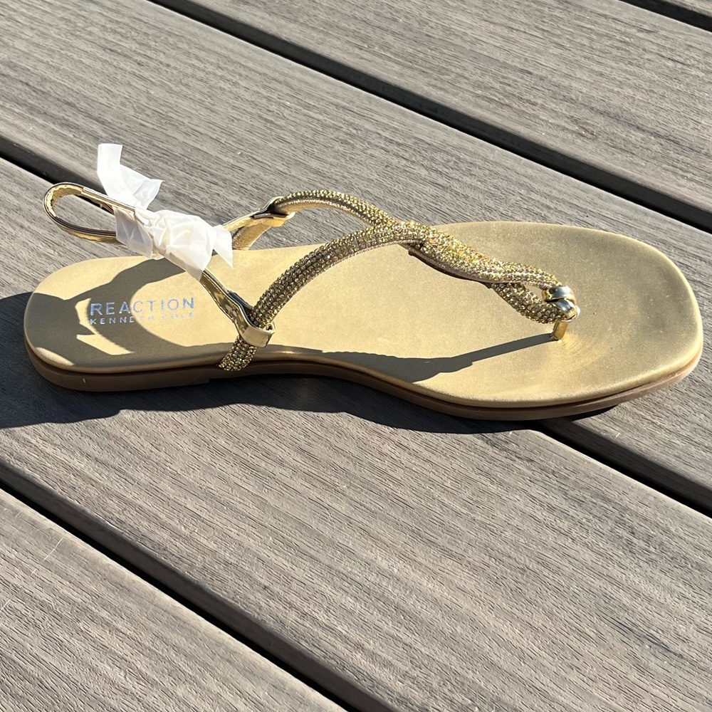 Kenneth Cole Reaction; 'Whitney' Cream/Tan; Gold Rhinestone; Sandals; NWT: 9.5M - Picture 4 of 12
